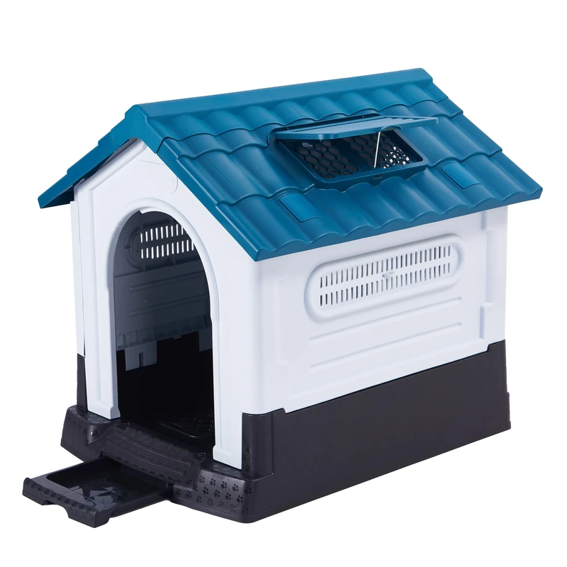 Lanco - Kennel for Small Dogs with Adjustable Sunroof and Toilet (WC). Indoor and Outdoor Use with Vents. Resistant Material. 27x22x26 inches (L*W*H). Blue and White.