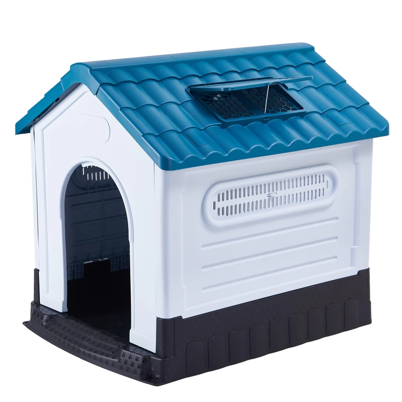Lanco - Kennel for Medium Dogs with Adjustable Sunroof. Indoor and outdoor use with vents. Resistant material. 33x26x30 inches (L*W*H). Blue and White.