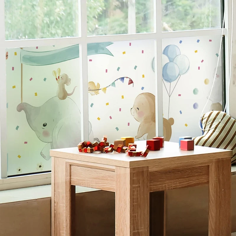 Opaque Window Film - Elephant and His Friends on Travel - Sticker for Windows & Shower Doors - 40 x 200 cm