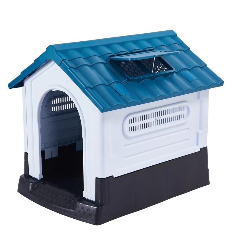 Lanco - Kennel for Large Dogs with Adjustable Sunroof. Indoor and outdoor use with vents. Resistant material. 42x35x39 inches (L*W*H). Blue and White.