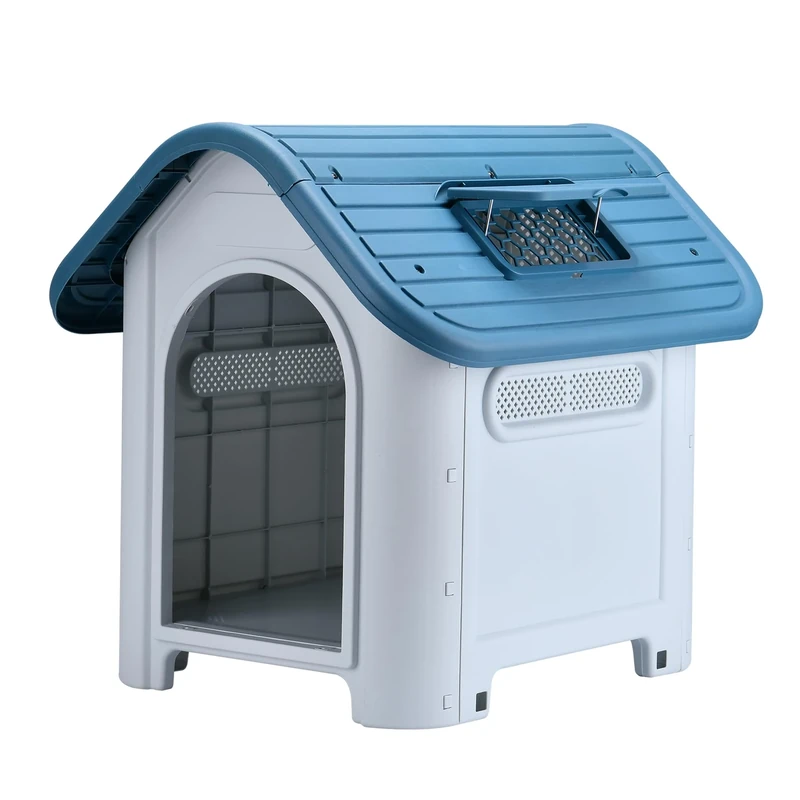 Lanco - Kennel for Small Dogs with Adjustable Sunroof. Indoor and outdoor use with vents. Resistant material. 30x23x26 inches (L*W*H). Blue and White.