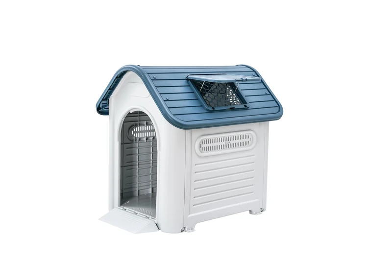 Lanco - Kennel for Large Dogs with Adjustable Sunroof. Indoor and outdoor use with vents. Resistant material. 43x33x38 inches (L*W*H). Blue and White.