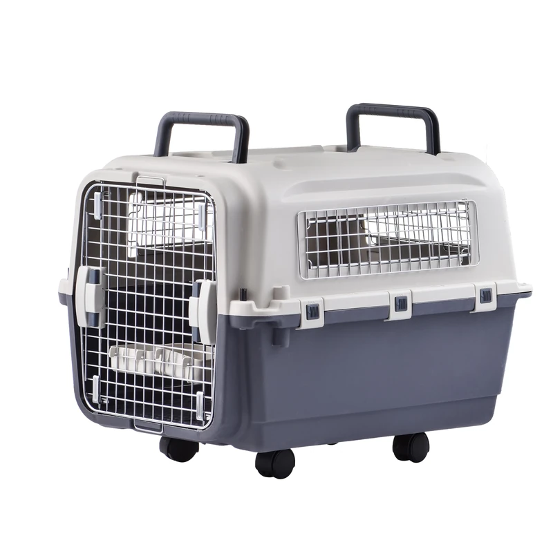 Lanco - Portable and Breathable Plastic Large Dog Carrier. Pets Dogs and Cats. Resistant material. 26x20x21 inches (L*W*H). Two Handles. Gray and White Color.