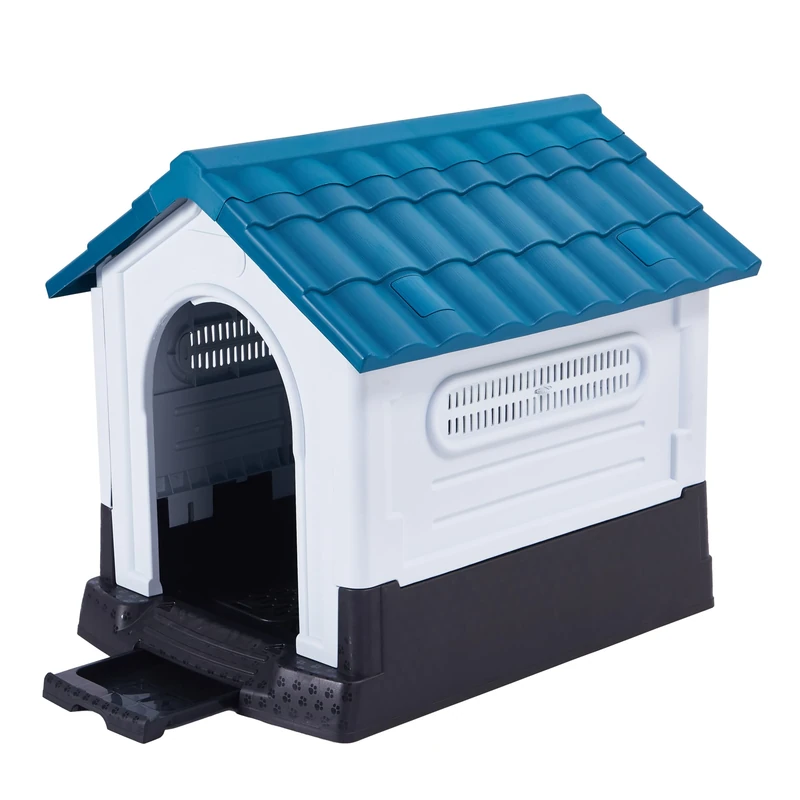 Lanco - Kennel for Small Dogs with Toilet. Indoor and Outdoor use with vents. Resistant Material. 27x22x26 inches (L*W*H). Blue and White.