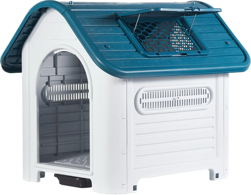 Lanco - Kennel for Medium Dogs with Adjustable Sunroof and Toilet. Indoor and Outdoor Use with Vents. Resistant Material. 35x28x30 inches (L*W*H). Blue and White.