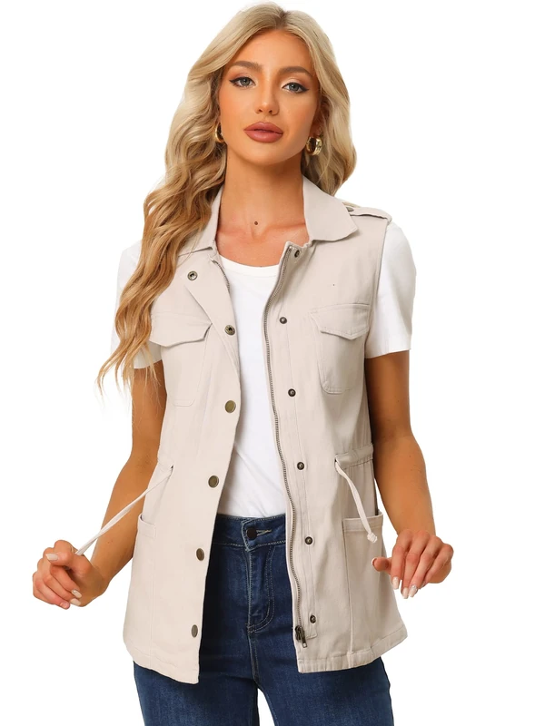 Allegra K Women's Zip Up Sleeveless Jacket Utility Anorak Outwear Cargo Vest, Beige, L