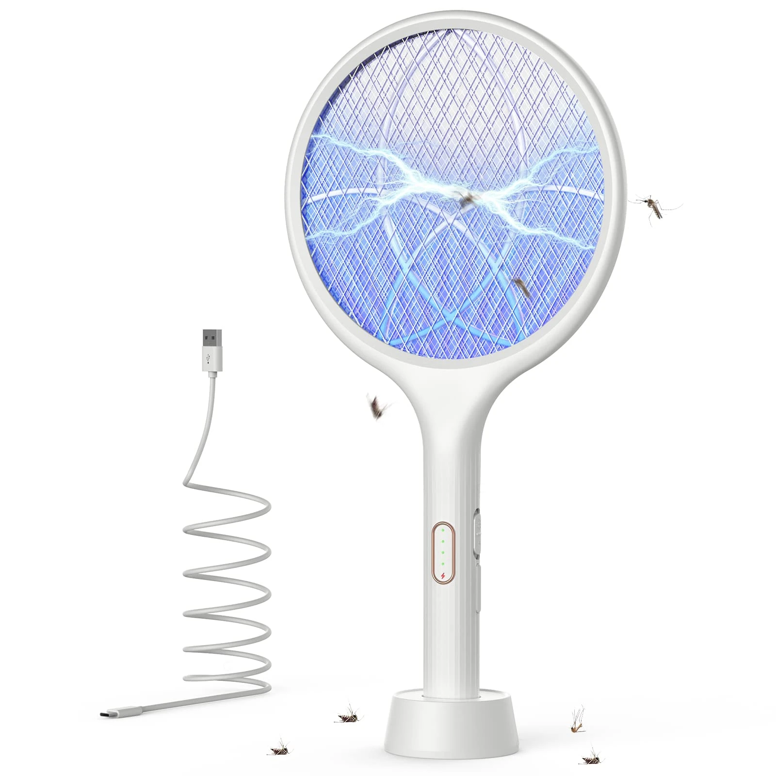 YISSVIC Electric Fly Swatter 4000V Bug Fly Zapper Racket Mosquito Killer 1500 mAh 3 Layers Mesh with USB C Cable Stand Base for Indoor Outdoor