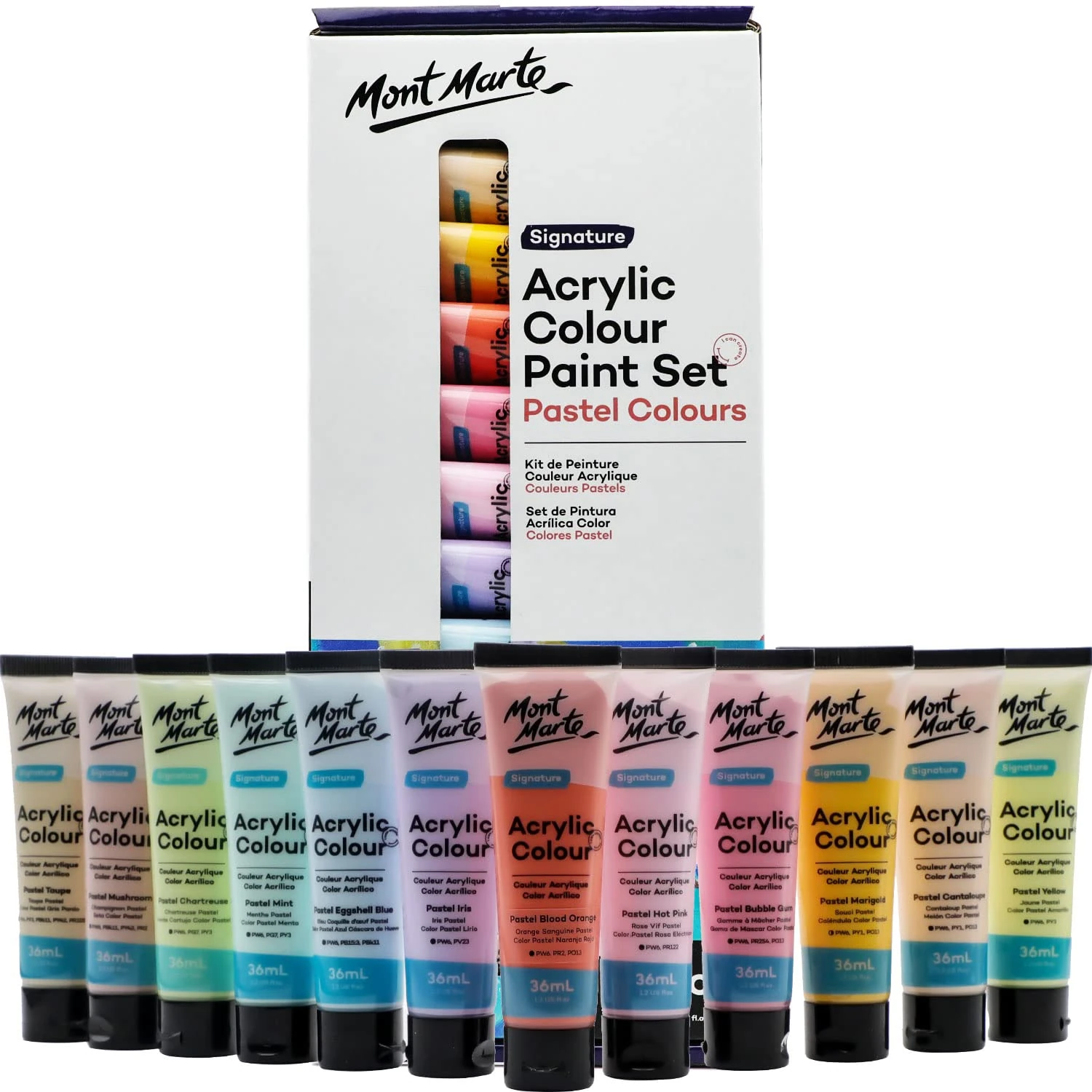 MONT MARTE Acrylic Colour Pastel Paint Set Signature 12pc x 36ml (1.2 US fl.oz), Creamy Pastel Acrylic Paint Set, Good Coverage, Semi-Matte Finish, Ideal For Most Art and Craft Surfaces.
