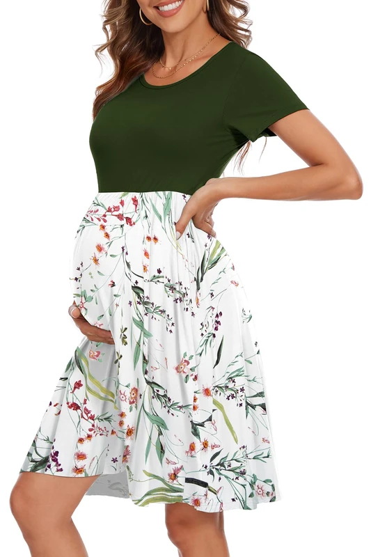 WOOXIO Women's Short Sleeve Maternity Dress Patchwork Pregnancy Clothes with Pockets, Army Green-Leaf White, M