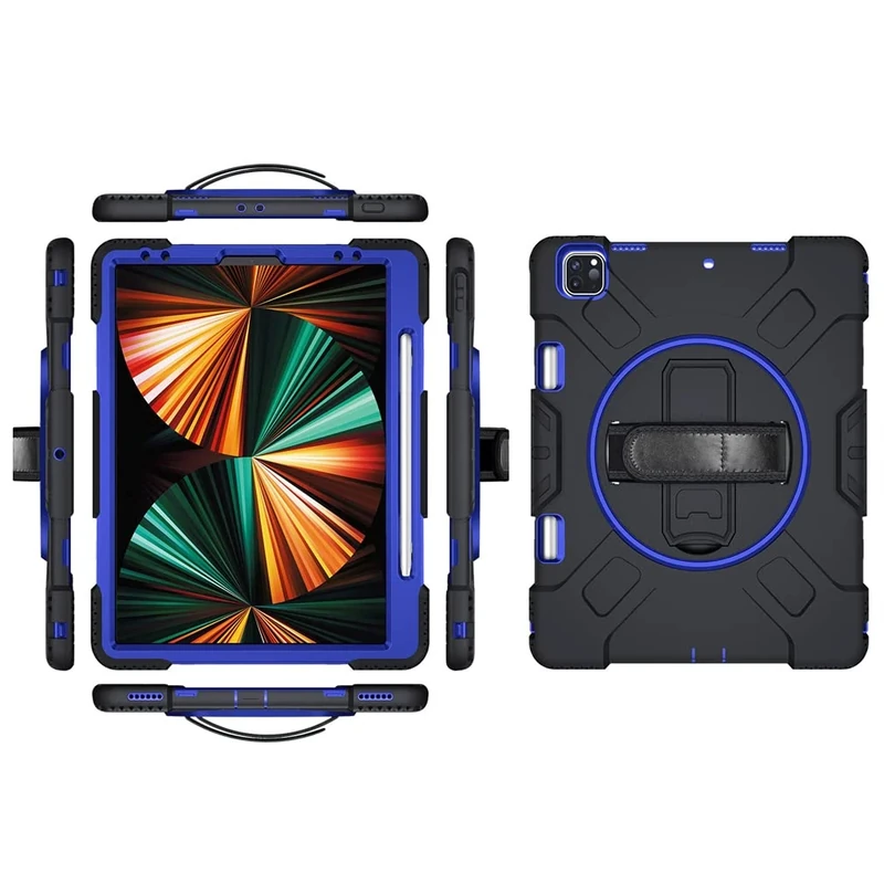 Case for iPad Pro 12.9 Inch 2022/2021/ 2020/2018(6th/ 5th/ 4th/ 3rd Generation) with Pencil Holder, Robust Protective Case with 360° Rotatable Kickstand and Hand Strap,Dark Blue