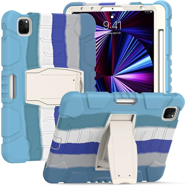 Case for iPad Pro 12.9 Inch 2021/2020/ 2018(5/4/ 3 Generation) with Pencil Holder, Robust Shockproof Protective Case with Concealed Bracket, Dazzling Blue