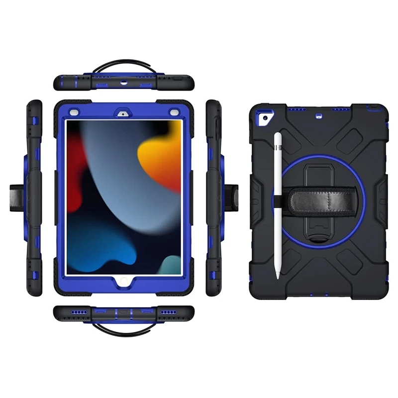 Case for iPad Air3 2019/iPad Pro 10.5 2017 with Folding Stand, Three-in-one Shockproof Case with Pen Holder and wrist strap- Black+blue