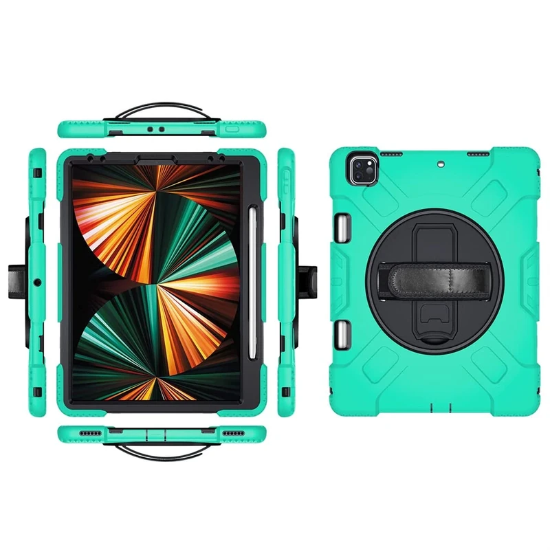 Case for iPad Pro 12.9 Inch 2022/2021/ 2020/2018(6th/ 5th/ 4th/ 3rd Generation) with Pencil Holder, Robust Protective Case with 360° Rotatable Kickstand and Hand Strap, Emerald Green