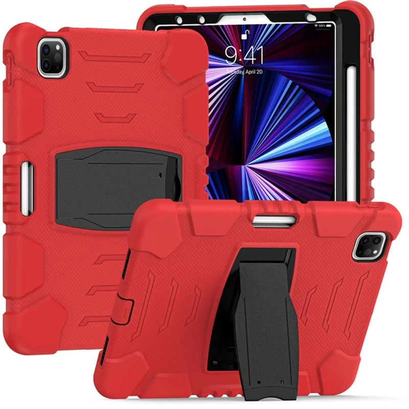 Case for iPad Pro 12.9 Inch 2021/2020/ 2018(5/4/ 3 Generation) with Pencil Holder, Robust Shockproof Protective Case with Concealed Bracket,Red