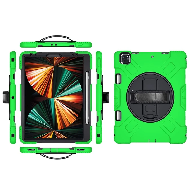 Case for iPad Pro 12.9 Inch 2022/2021/ 2020/2018(6th/ 5th/ 4th/ 3rd Generation) with Pencil Holder, Robust Protective Case with 360° Rotatable Kickstand and Hand Strap, Grass Green