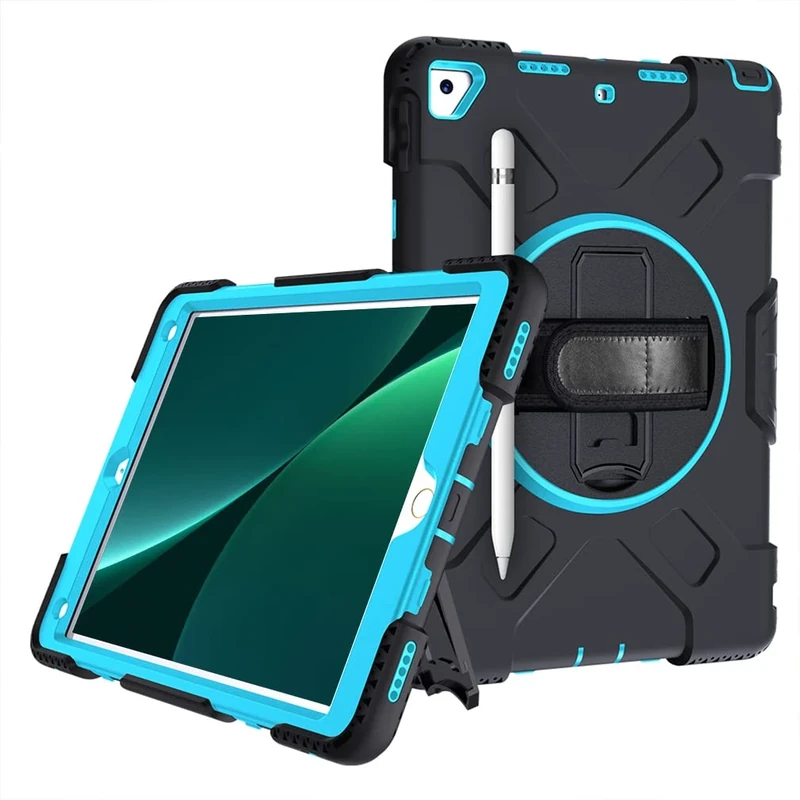 Case for iPad Air3 2019/iPad Pro 10.5 2017 with Folding Stand, Three-in-one Shockproof Case with Pen Holder and wrist strap- Black+Mint Green