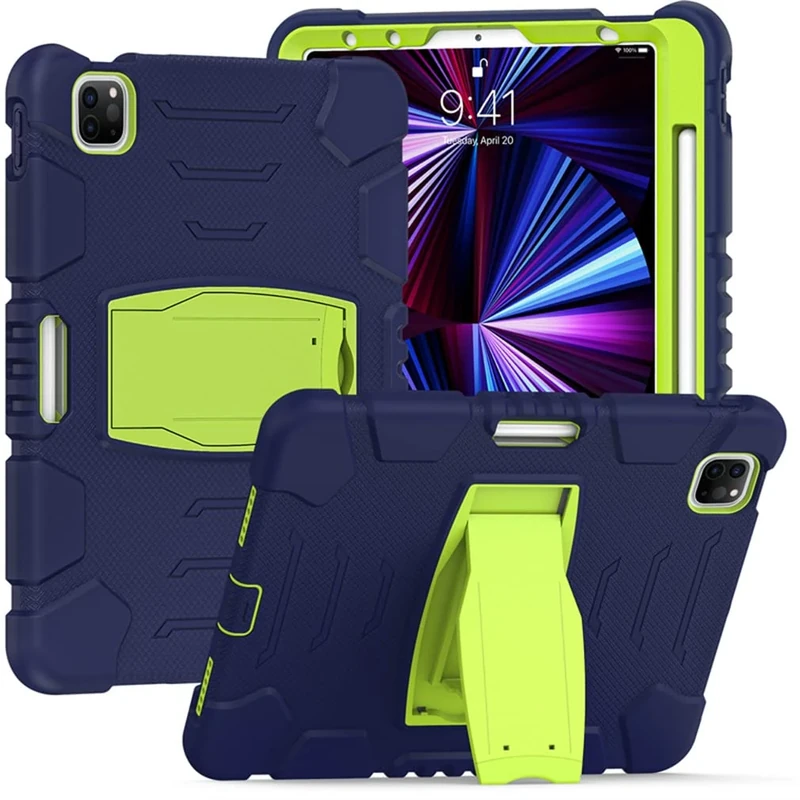 Case for iPad Pro 12.9 Inch 2021/2020/ 2018(5/4/ 3 Generation) with Pencil Holder, Robust Shockproof Protective Case with Concealed Bracket,Navy + Green