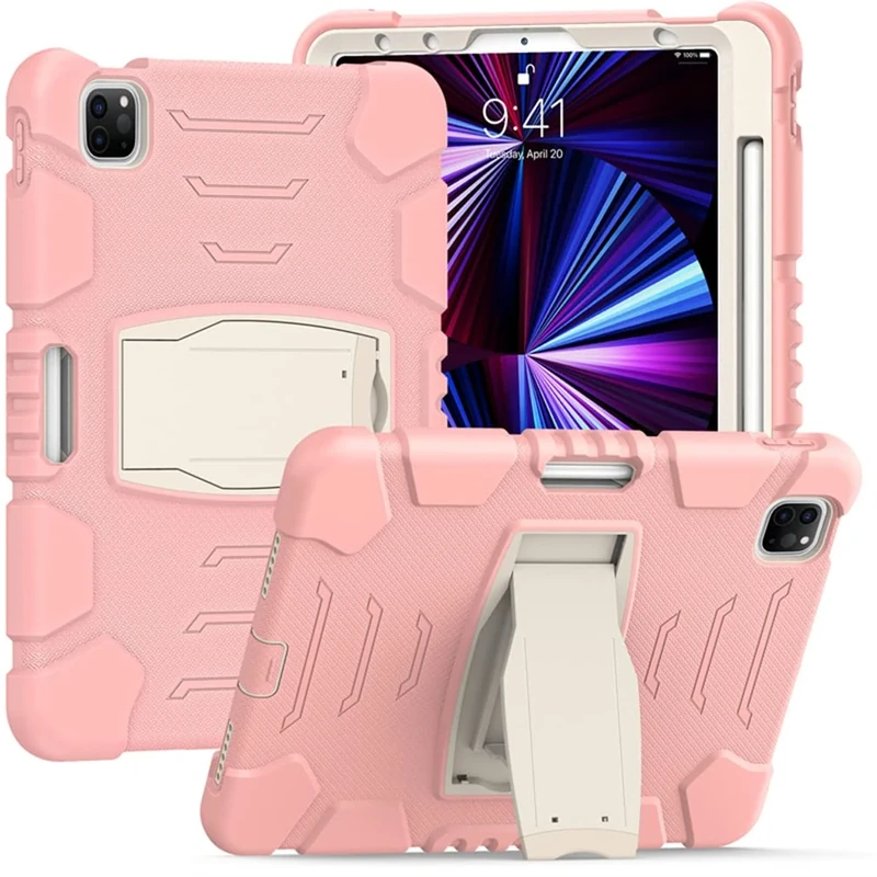 Case for iPad Pro 12.9 Inch 2021/2020/ 2018(5/4/ 3 Generation) with Pencil Holder, Robust Shockproof Protective Case with Concealed Bracket,Pink