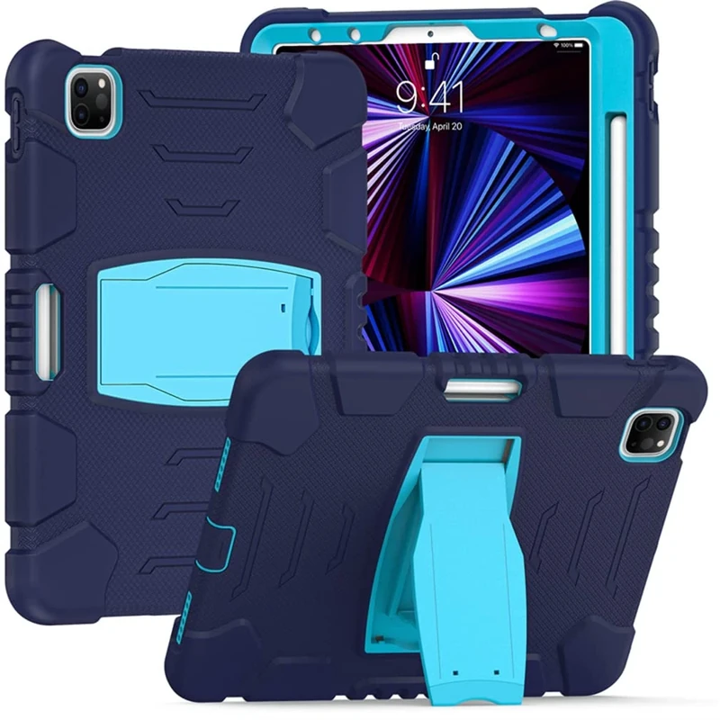 Case for iPad Pro 12.9 Inch 2021/2020/ 2018(5/4/ 3 Generation) with Pencil Holder, Robust Shockproof Protective Case with Concealed Bracket,Navy + Blue
