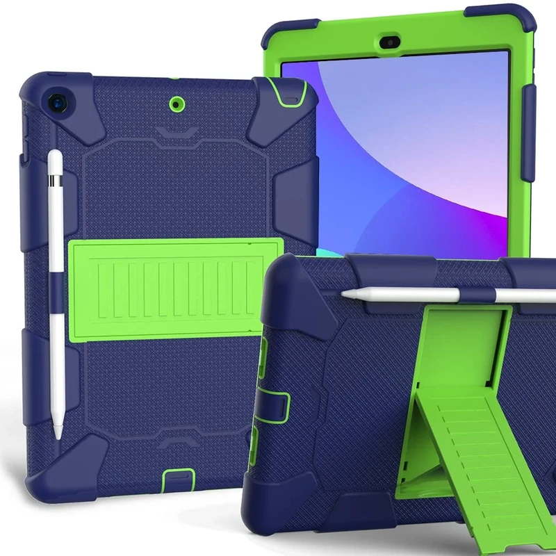 Case for iPad 10.2 Inch 9th/8th/7th gen 2021/2020/2019 with Three-in-one design, shockproof Robust case with pencil holder and stand- Navy blue+Yellow-green