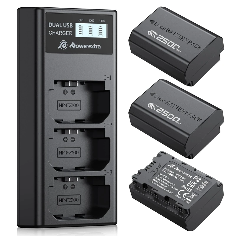 Powerextra 3 Pack NP-FZ100 Battery 2500 mAh and Triple Slot LCD Charger,Compatible with Sony a7iii A7iv FX3,FX30,A6600,A7S III,A7,A1,A9,A9R,A9S,A9 II,A7RM3, A7RM4,A7C,A7RIII,A7RIV Digital Cameras