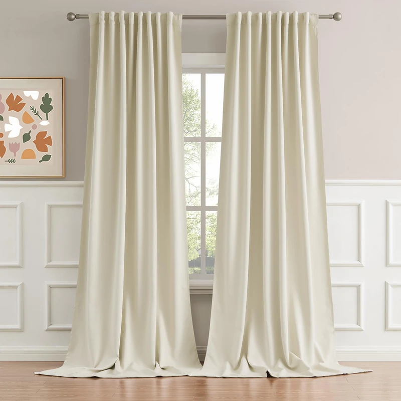 DUALIFE Cream Beige Curtains 108 Inch Length - Back Tab/Rod Pocket Blackout Window Drapes for Bedroom Thermal Insulated Room Darkening Curtains for Living Room (52 x 108 Inches Long, 2 Panels)