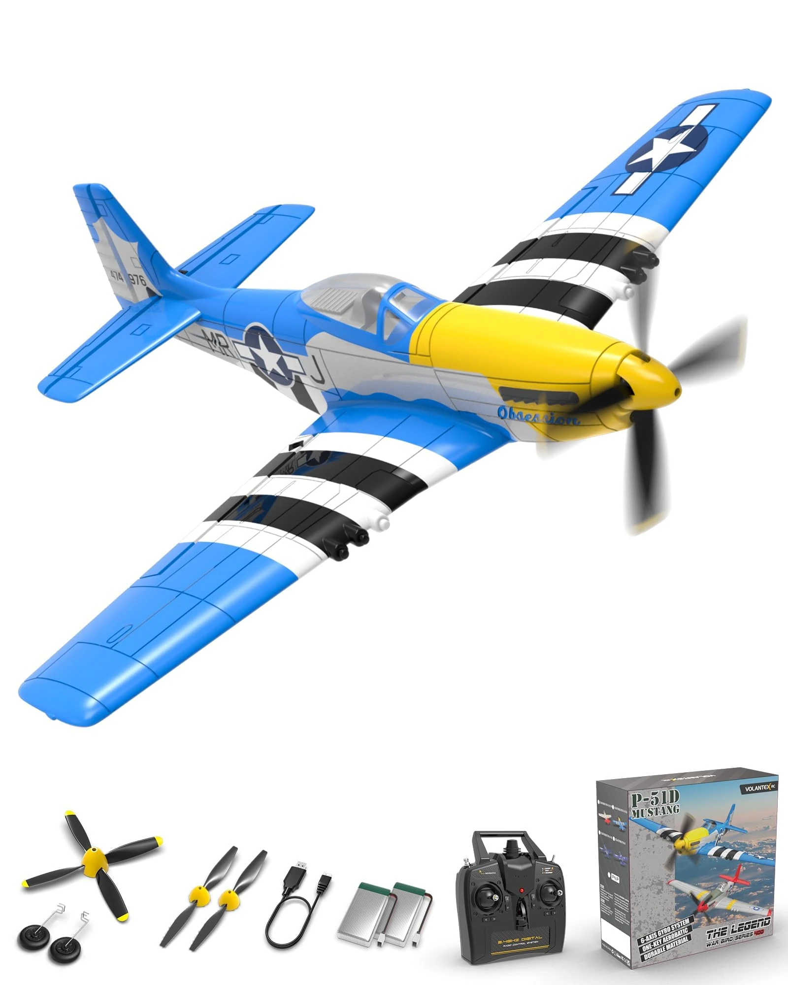 volantexrc Remote Control Aircraft 4-CH RC Plane Ready to Fly P51 Mustang Radio Controlled Plane for Beginners with Xpilot Stabilization System, One Key Aerobatic (761-5 RTF)