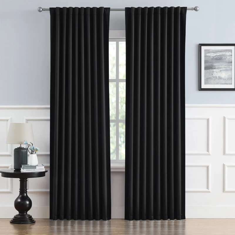DUALIFE Black Out Curtain Panels Tab Back and Rod Pocket, Sundproof Thermal Insulated Long Black Solid Curtains/Drapes for Sliding Glass Door Hall/Dining Room, 52 Wide by 90 Inches Long, Set of 2