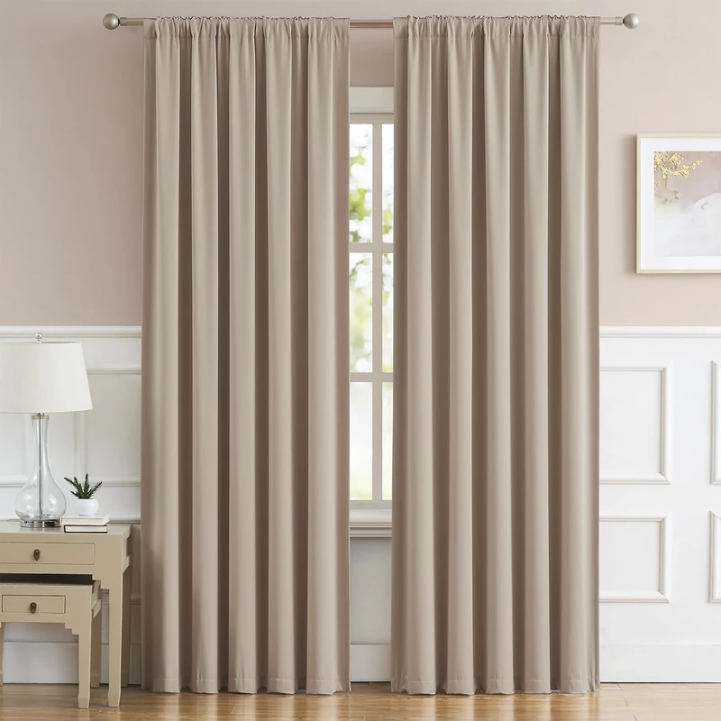 DUALIFE Bedroom Room Darkening Curtains Warm Taupe - Baby Room Curtains 90 Inches Long Triple Weave Microfiber Room Darkening Panels/Drapes for Kid's Room (Taupe/Rose Tan, 1 Pair, 52x90 inch)