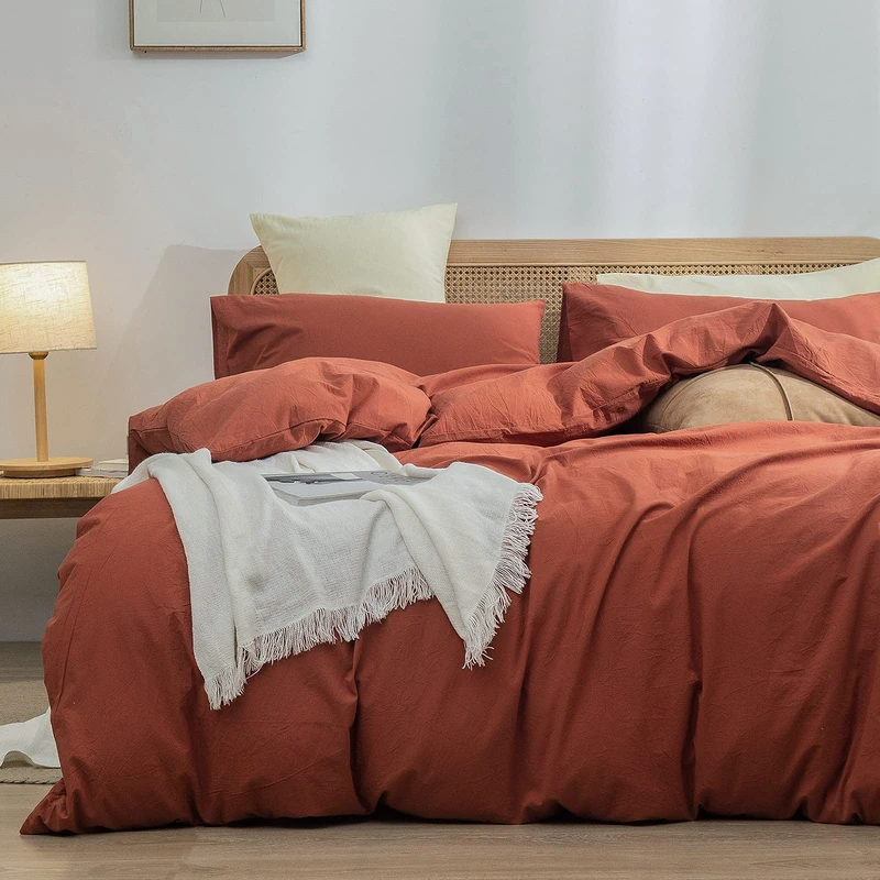 BESTOUCH Cotton Solid Duvet Cover Set Linen Feel Crimson Red Cal King