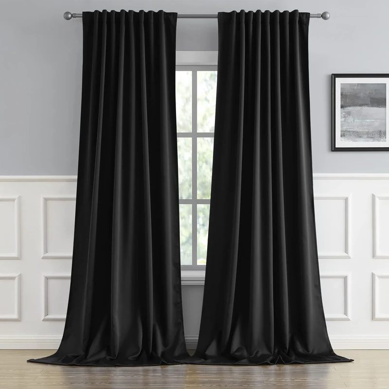 DUALIFE Black Blackout Curtain Drapes (52 Inch Wide by 120 Inch Length, 2 Panels) Solid Thermal Insulated Energy Efficient Bedroom Curtains for Hall/Dining Room
