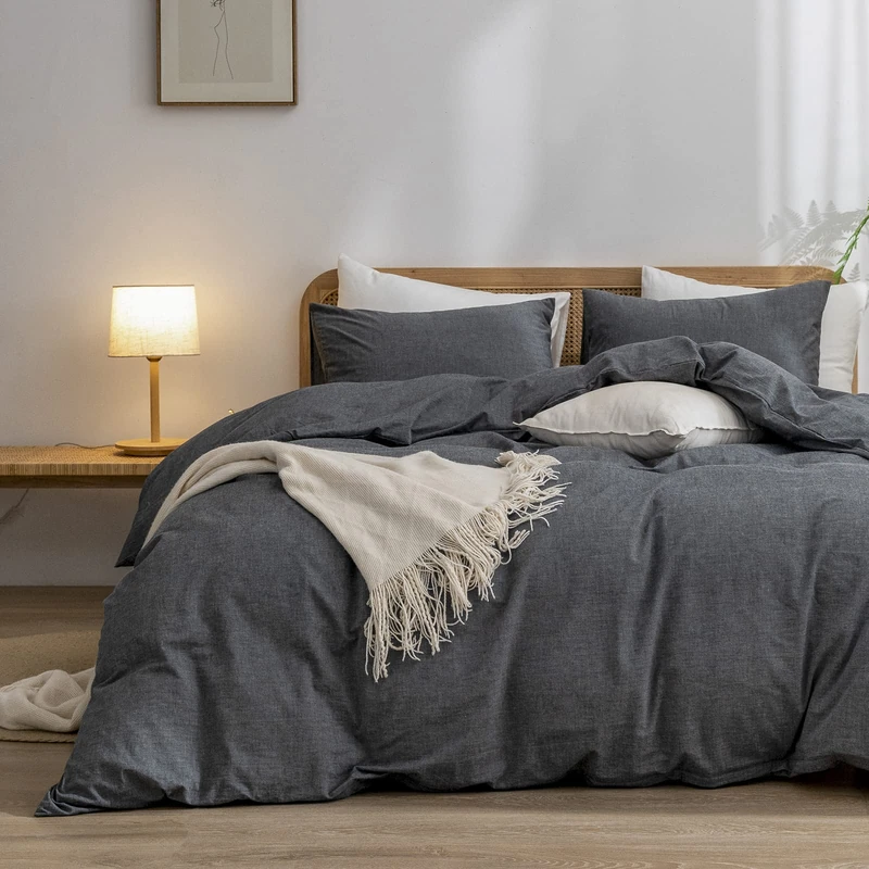 BESTOUCH Duvet Cover Set 100% Washed Cotton Linen Feel Super Soft Comfortable Chic Lightweight 3 PCs Home Bedding Set Solid Dark Black Cal King