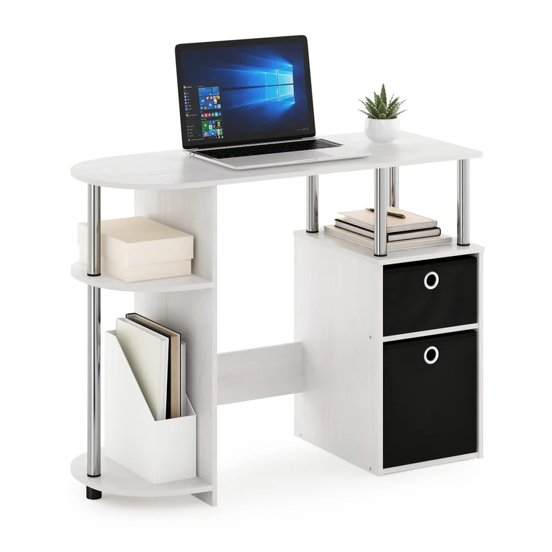 Furinno Computer Study Desk with Bin Drawers, White Oak/Stainless Steel/Black, 39.62 (D) x 97.54 (W) x 72.39 (H) cm