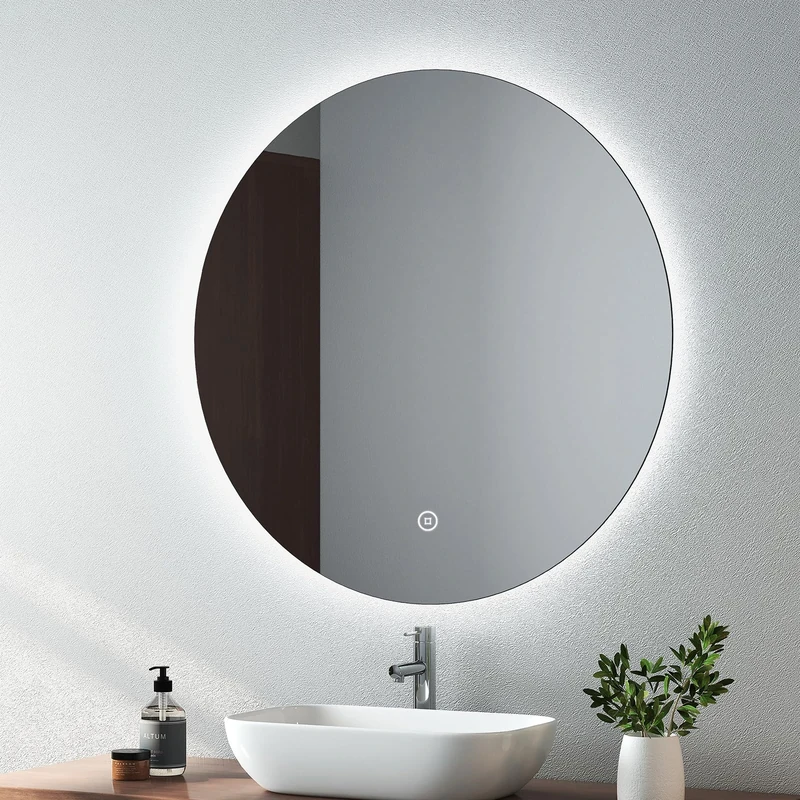 EMKE Round Led Bathroom Mirror, 80CM Large Round Led Wall Mirror Illuminated Frameless Circular Bathroom Mirror with Smart Switch, Memory Function, Adjust Brightness