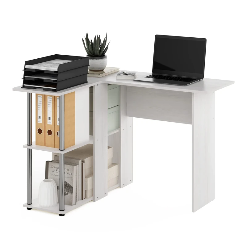 Furinno L-Shape Desk with Bookshelf, Engineered Wood, White Oak/Chrome, 104.5 (W) x 73.51 (H) x 87.5 (D) cm