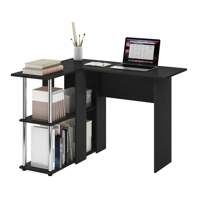 Furinno L-Shape Desk with Bookshelf, Engineered Wood, Americano/Chrome, 104.5 (W) x 73.51 (H) x 87.5 (D) cm