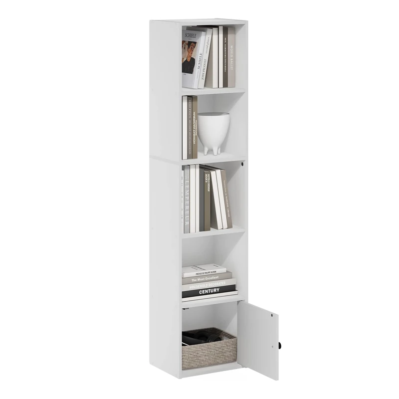 Furinno LUDER Book Shelf, 5-Tier Modern Bookshelf, Bookcase with 1 Door Storage Cabinet, 9.3 x 12 x 52, for Living Room, Bedroom, Home Office, White