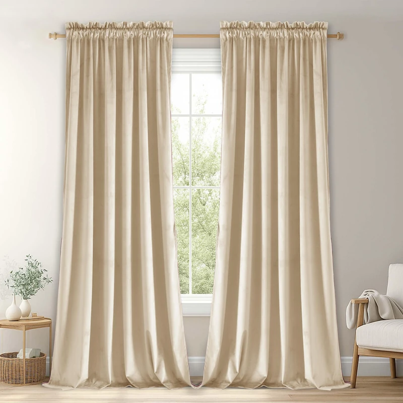 JIUZHEN Beige Velvet Curtains 108 inches for Living Room - Soft Retro Blackout Velvet Drapes Rod Pocket Room Darkening Thermal Insulated for Bedroom/Gallery, 60W x 108L, 2 Panels with Tiebacks