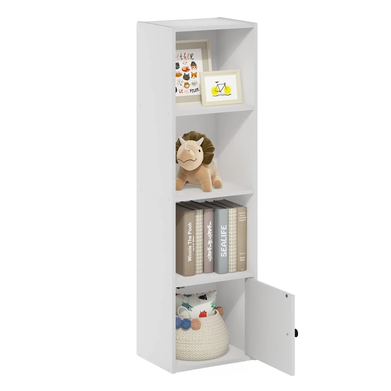 Furinno LUDER Book Shelf, 4-Tier Bookshelf, Bookcase with 1 Door Storage Cabinet, 9.3 x 12 x 41.8, for Living Room, Bedroom, Home Office, White