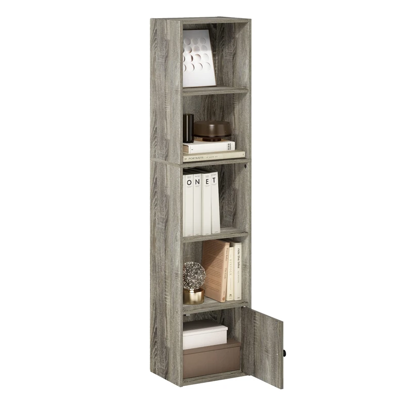 Furinno LUDER Book Shelf, 5-Tier Modern Bookshelf, Bookcase with 1 Door Storage Cabinet, 9.3 x 12 x 52, for Living Room, Bedroom, Home Office, French Oak