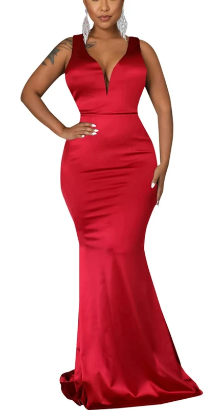 JTNFairy Women's Sexy Ruffle Sleeveless One Shoulder Bodycon Dresses Classy Pencil Curvy Party Evening Long Formal Dress, 604red, XXL