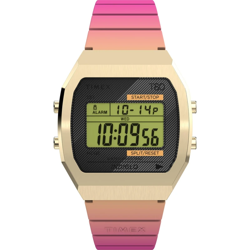 Timex Unisex T80 36 mm Watch - Pink Resin Strap Digital Dial Gold-Tone Case TW2V74400