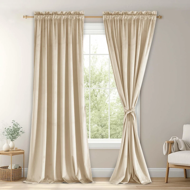 JIUZHEN Beige Velvet Curtains 84 inches for Living Room Thermal Insulated Soundproof Room Darkening Blackout Curtains/Drapes, 52W x 84L, 2 Panels with Tiebacks, Beige