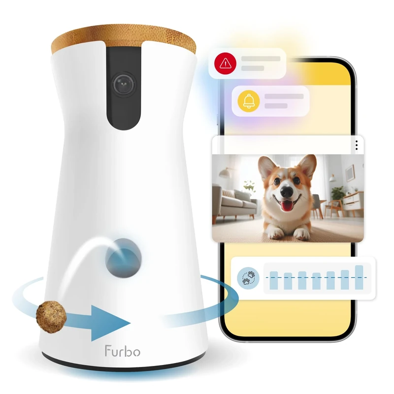 Furbo 360° Dog Camera w/Home Safety Package [PREMIUM W/SUBSCRIPTION] Smart Pet Monitor w/App for Dog & Home, Rotating 360° View, Colour Night Vision, Auto-Tracking, Treat-toss, Barking, Smart Alert