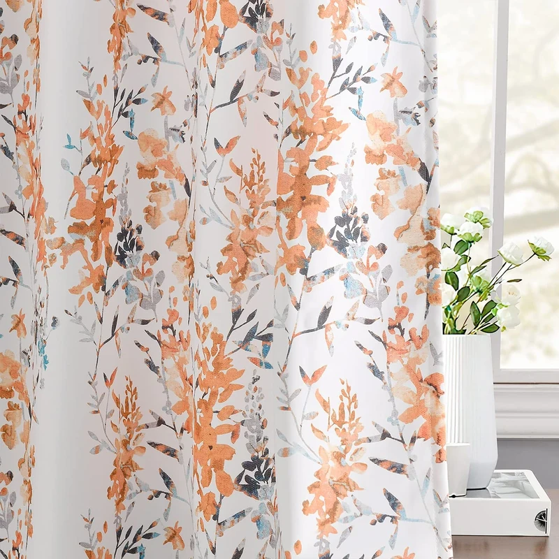 Kotile Orange White Curtains for Living Room, Classic Vintage Branch Floral Patterned Room Darkening Curtains 84 Inch Length 2 Panels Set, Light Block Grommet Privacy Drapes, 52 x 84 Inch, Orange