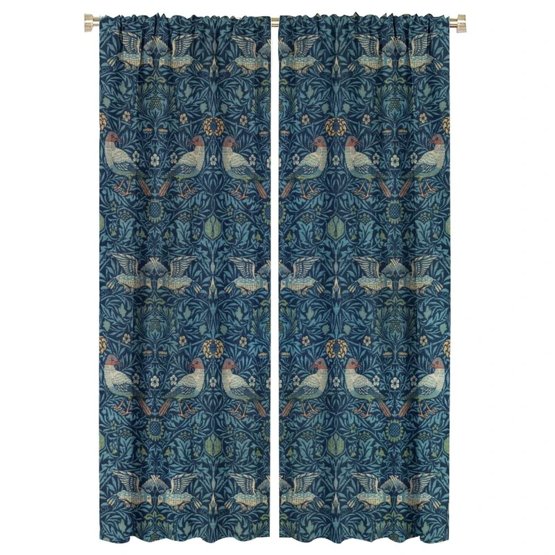 GoDazzling Bohemian Retro William Morris Original Art Blackout Window Curtains, Little Bird Vintage Blue Print Rod Pocket Curtains, for Living Room Bedroom 52x84in 2 Panels