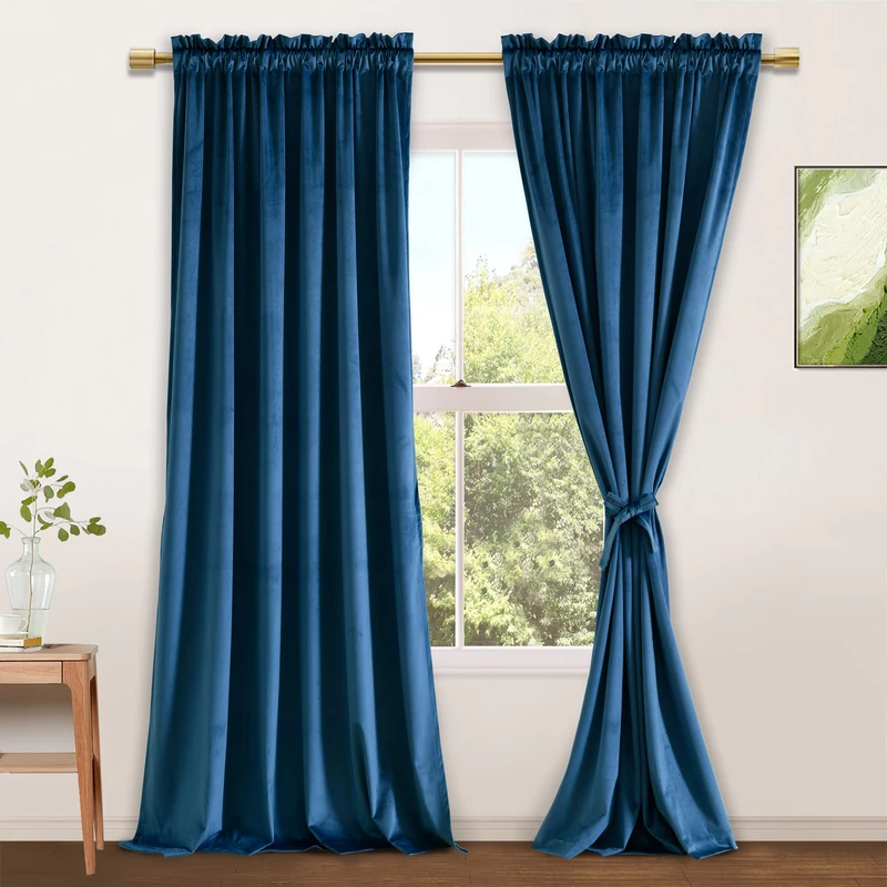 JIUZHEN Navy Velvet Curtains 84 inches for Living Room - Soft Retro Blackout Velvet Drapes Rod Pocket Room Darkening Thermal Insulated for Bedroom/Gallery, 42W x 84L, 2 Panels with Tiebacks