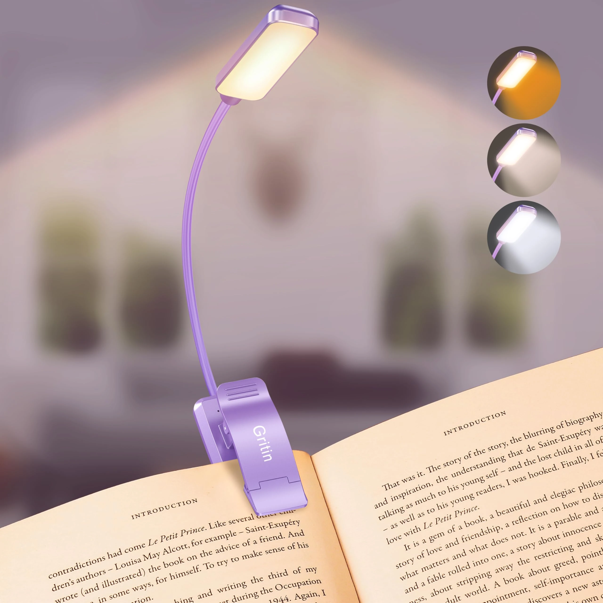 Gritin 9 LED Clip on Book Light, 3 Eye-Protecting Modes Flexible Reading Light Book Lamp (Warm&Cool White) -Stepless Dimming, Rechargeable, Long Battery Life, 4-Level Power Indicator- Purple