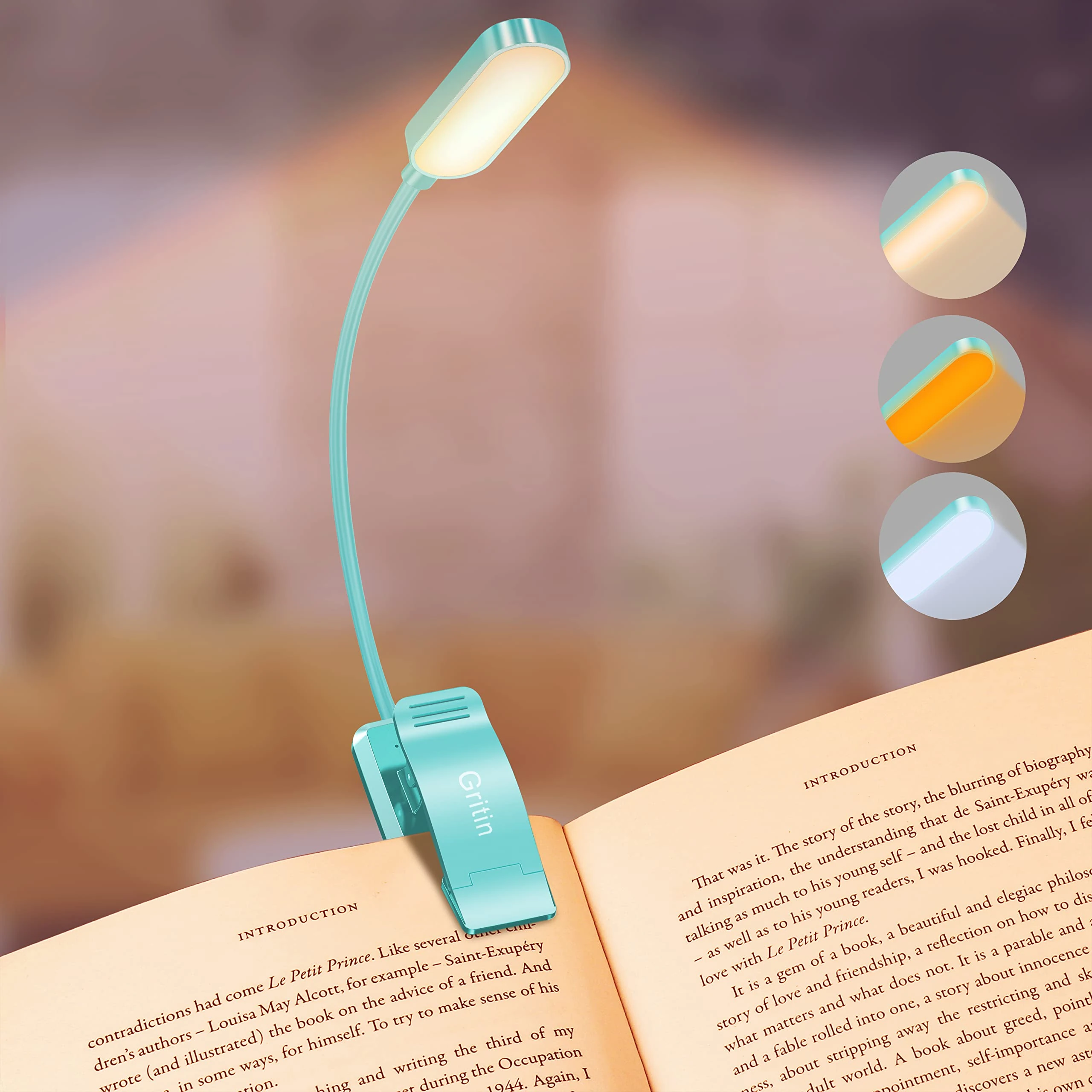 Gritin 16 LED Book Light, Reading Light 3 Eye-Protecting Modes Book Lamp (White/Amber/Mixed) - Stepless Dimming, Rechargeable, 4-Level Power Indicator, Flexible Clip on Book Light - Blue
