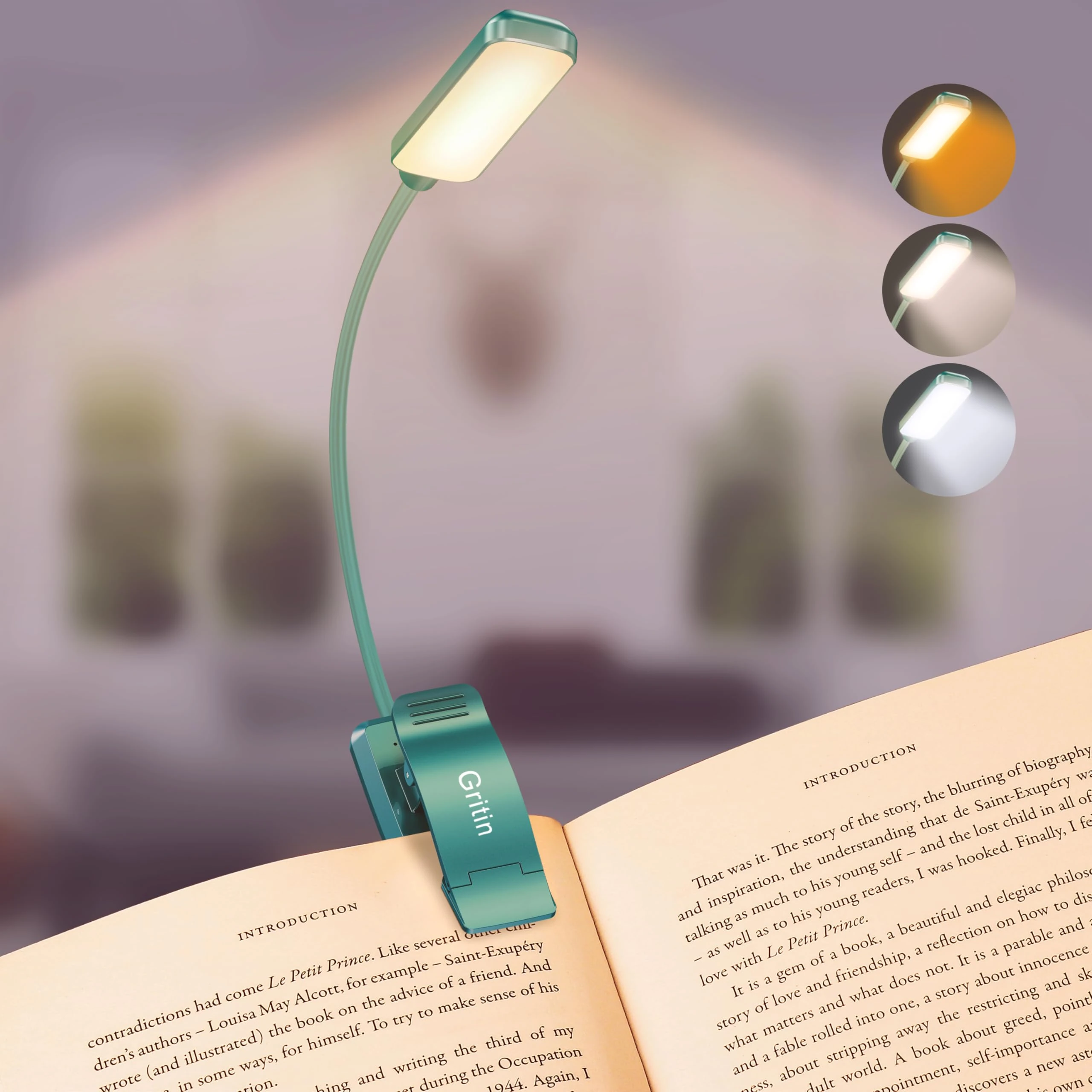 Gritin 9 LED Clip on Book Light, 3 Eye-Protecting Modes Flexible Reading Light Book Lamp (Warm&Cool White) -Stepless Dimming, Rechargeable, Long Battery Life, 4-Level Power Indicator- Green